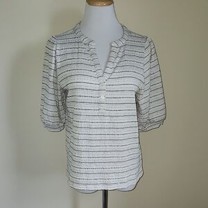 LOFT Henley Style Blouse Cream with Black Stripe Size Large